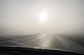 thick, heavy, dense fog, winter, European route E55