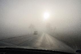 thick, heavy, dense fog, winter, European route E55