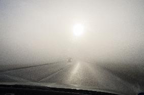 thick, heavy, dense fog, winter, European route E55