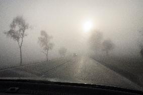 thick, heavy, dense fog, winter, European route E55