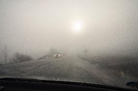 thick, heavy, dense fog, winter, European route E55