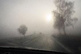 thick, heavy, dense fog, winter, European route E55