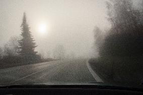 thick, heavy, dense fog, winter, European route E55