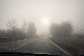 thick, heavy, dense fog, winter, European route E55