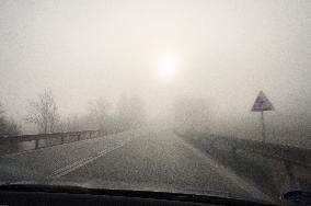 thick, heavy, dense fog, winter, European route E55