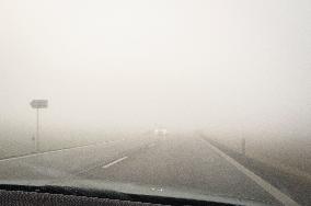 thick, heavy, dense fog, winter, European route E55