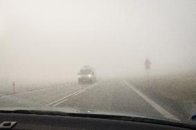 thick, heavy, dense fog, winter, European route E55