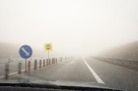 thick, heavy, dense fog, winter, European route E55, D3 motorway