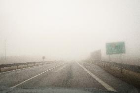 thick, heavy, dense fog, winter, European route E55, D3 motorway