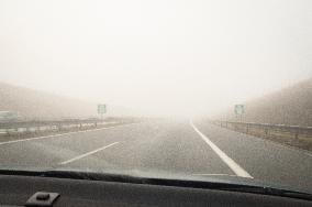 thick, heavy, dense fog, winter, European route E55, D3 motorway