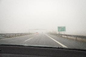 thick, heavy, dense fog, winter, European route E55, D3 motorway, toll gate, electronic toll collection