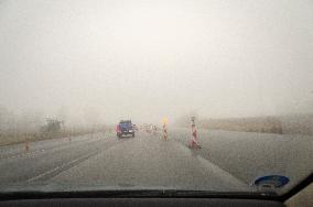 thick, heavy, dense fog, winter, European route E55, D3 motorway