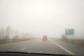 thick, heavy, dense fog, winter, European route E55, D3 motorway