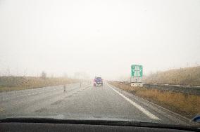 thick, heavy, dense fog, winter, European route E55, D3 motorway