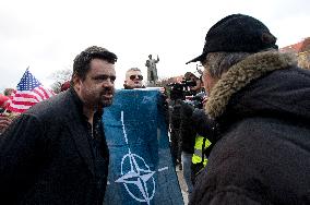 Supporters and opponents of Konev statue verbally clash in Prague, Pavel Novotny, NATO flag