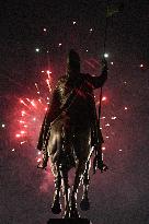 New Year's Eve celebration in Prague, firework, Saint Wenceslas statue