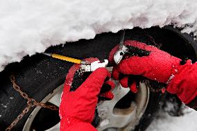 car, snow chains, tire, weather, winter, transportation, automobile