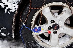 car, snow chains, tire, weather, winter, transportation, automobile