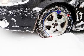 car, snow chains, tire, weather, winter, transportation, automobile