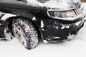 car, snow chains, tire, weather, winter, transportation, automobile