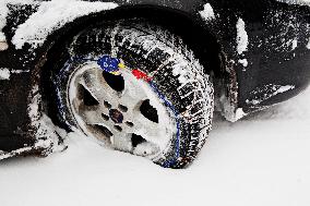 car, snow chains, tire, weather, winter, transportation, automobile