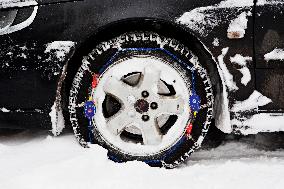 car, snow chains, tire, weather, winter, transportation, automobile
