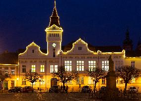 Stara Boleslav, city, town, building, square, Christmas tree, light