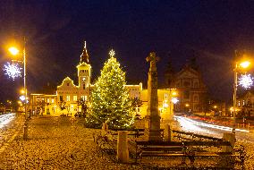 Stara Boleslav, city, town, building, square, Christmas tree, light