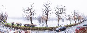 Jindrichuv Hradec, the pond Vajgar, thick, heavy, dense fog, winter