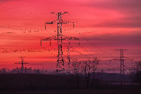 high voltage pylons, transmission tower, power, electricity pylon, afterglow