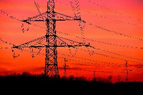 high voltage pylons, transmission tower, power, electricity pylon, afterglow