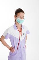 health care, nurse, nursing sister, woman, facecloth, mouth protection, stethoscope