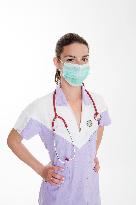 health care, nurse, nursing sister, woman, facecloth, mouth protection, stethoscope