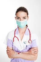 health care, nurse, nursing sister, woman, facecloth, mouth protection, stethoscope