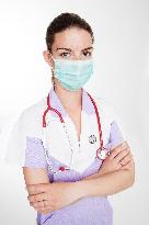 health care, nurse, nursing sister, woman, facecloth, mouth protection, stethoscope