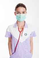 health care, nurse, nursing sister, woman, facecloth, mouth protection, stethoscope