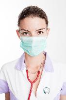 health care, nurse, nursing sister, woman, facecloth, mouth protection, stethoscope