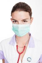 health care, nurse, nursing sister, woman, facecloth, mouth protection, stethoscope