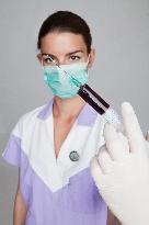 health care, nurse, nursing sister, woman, facecloth, mouth protection, syringe, blood, injection