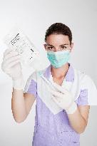 health care, nurse, nursing sister, woman, facecloth, mouth protection, syringe, saline, injection