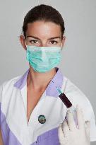 health care, nurse, nursing sister, woman, facecloth, mouth protection, syringe, blood, injection