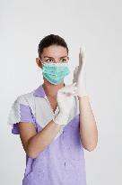 health care, nurse, nursing sister, woman, facecloth, mouth protection, gloves