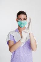 health care, nurse, nursing sister, woman, facecloth, mouth protection, gloves