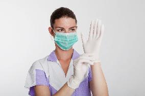 health care, nurse, nursing sister, woman, facecloth, mouth protection, gloves