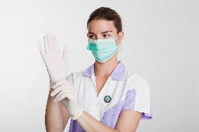 health care, nurse, nursing sister, woman, facecloth, mouth protection, gloves