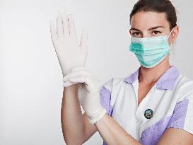 health care, nurse, nursing sister, woman, facecloth, mouth protection, gloves