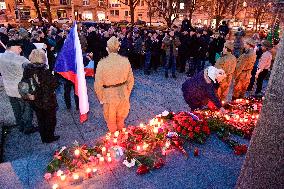 gathering at the Marshal Konev statue with motto Flowers for Konev