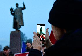 gathering at the Marshal Konev statue with motto Flowers for Konev