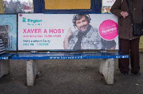 Czech Radio Region advert for a talk show XAVER AND GUEST (XAVER A HOST in Czech), bench ad, poster, campaign, Lubos Xaver Vesely