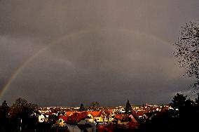 storm Ciara (Sabine), clouds, Moon, sky, Ceske Budejovice, rainbow
